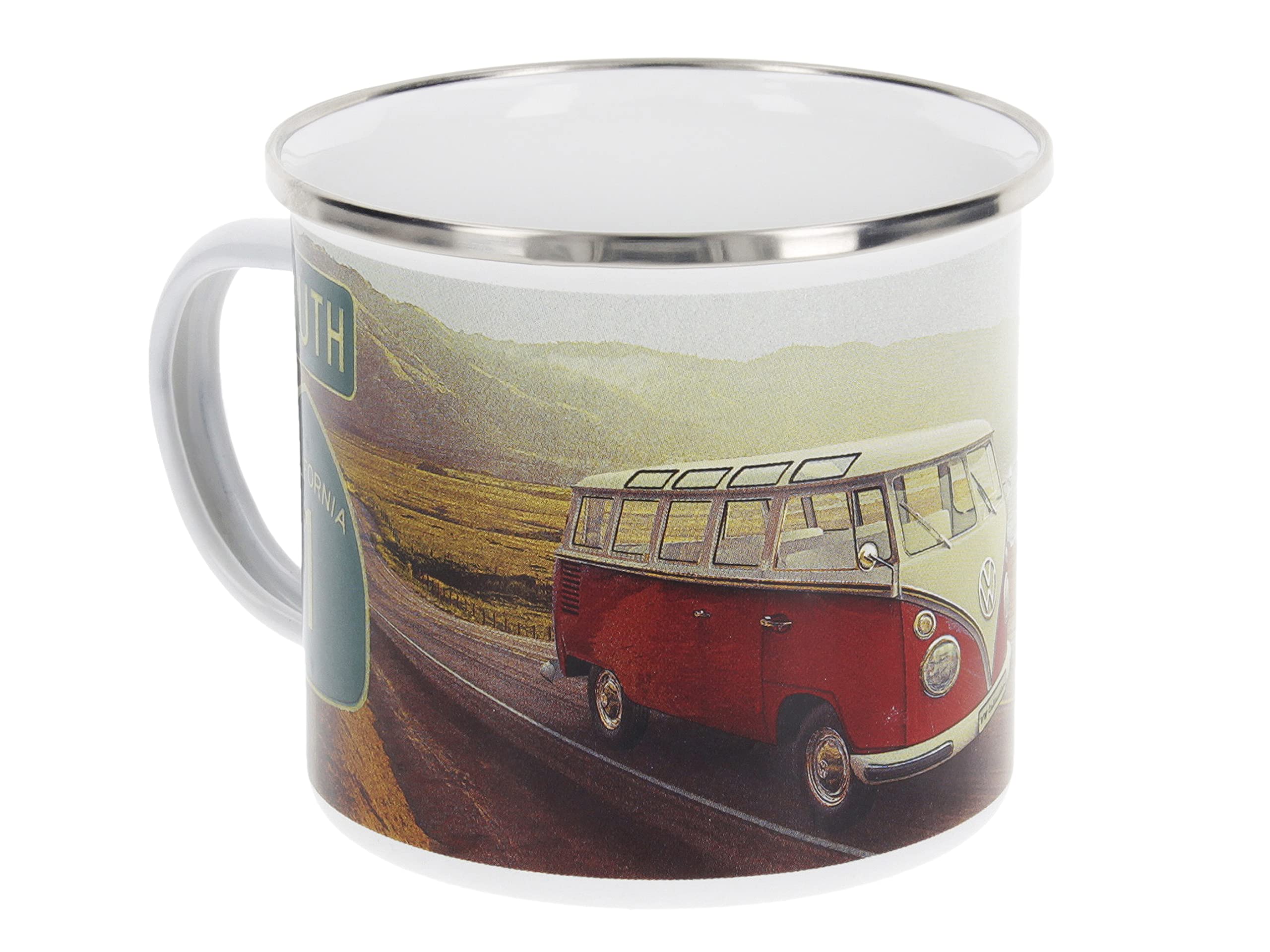 BRISA VW Collection - Volkswagen Large Enamel Coffee-Tea Mug Cup for Camping & Outdoor T1 Bus Campervan (500 ml/16.9 fl oz/Highway 1/Multicolor)