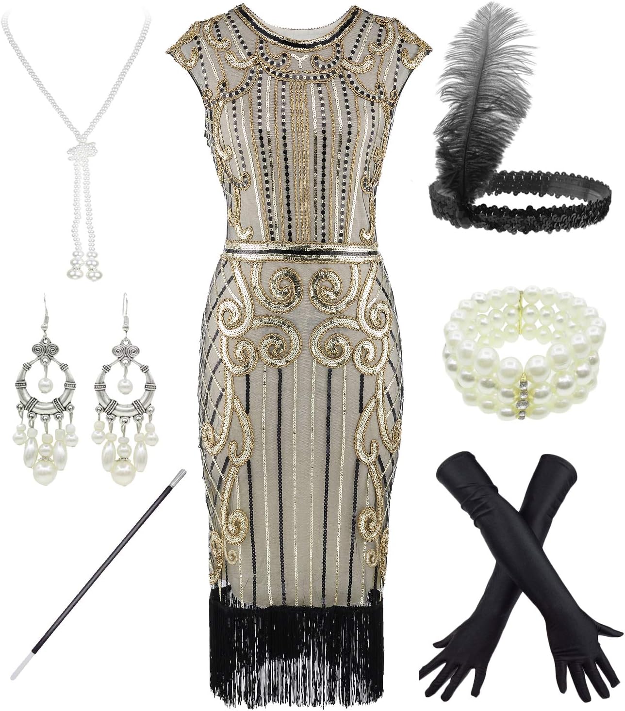 Women's 1920s Sequins Flapper Gatsby Cocktail Dress with 20s Headband Accessories Set