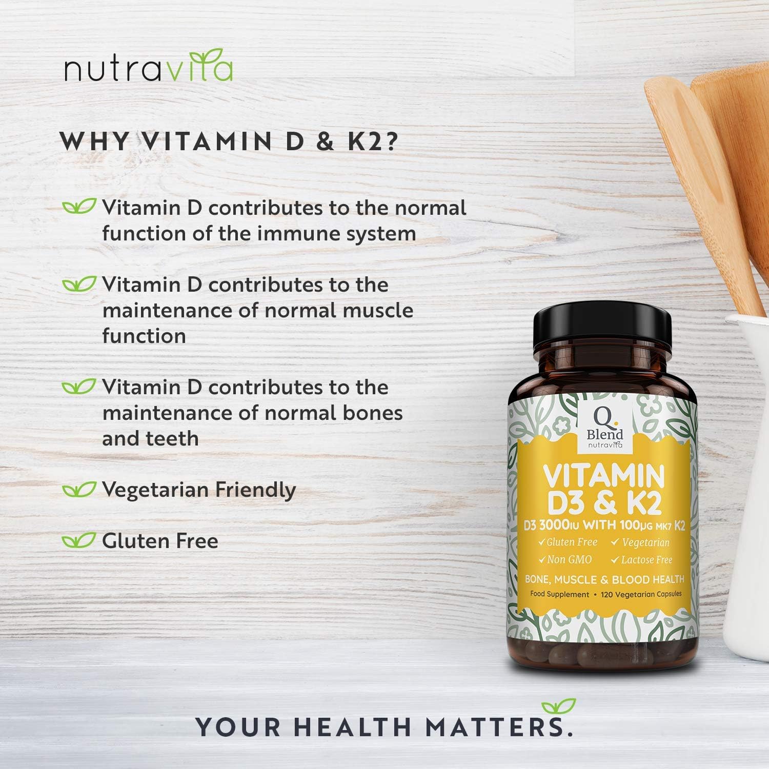 Nutravita Vitamin D3 3000iu & K2 100ug (MK7), 120 Vitamin D3 K2 Vegetarian Capsules, Supports Normal Bones, Muscles - Image 3