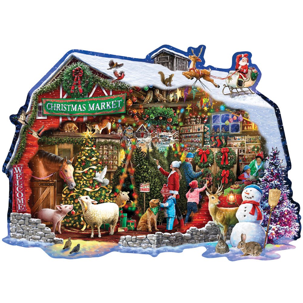 Bits and Pieces - 750 Piece Shaped Jigsaw Puzzle For Adults - Christmas Barn - 750 Pc Santa Winter Holiday Jigsaw By Artist Larry Jones