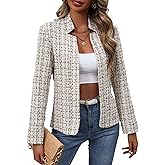 Mina Self 2026 Spring Women's Tweed Plaid Blazer Jacket - Fully Lined Open Front Stand Collar Casual Fashion Work Office Coat