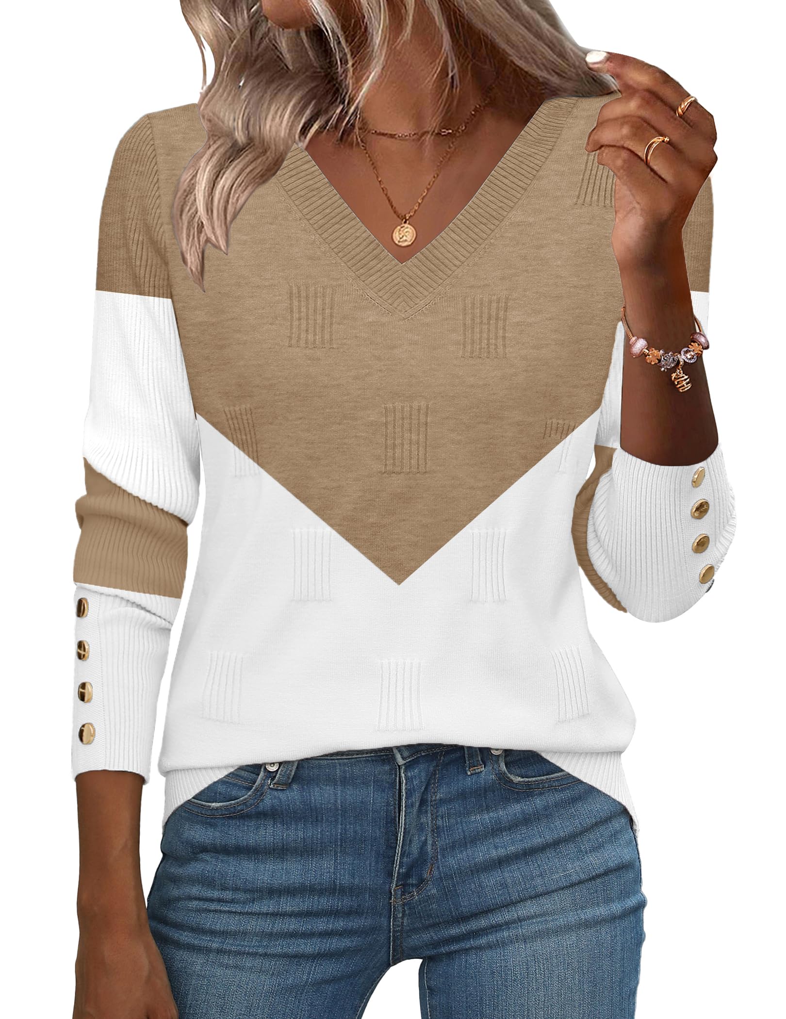 Zeagoo Womens Fall Sweater Tops Vacation V Neck Ribbed Lightweight Work Fall Long Sleeve Blouses Holiday Dressy Clothes Image