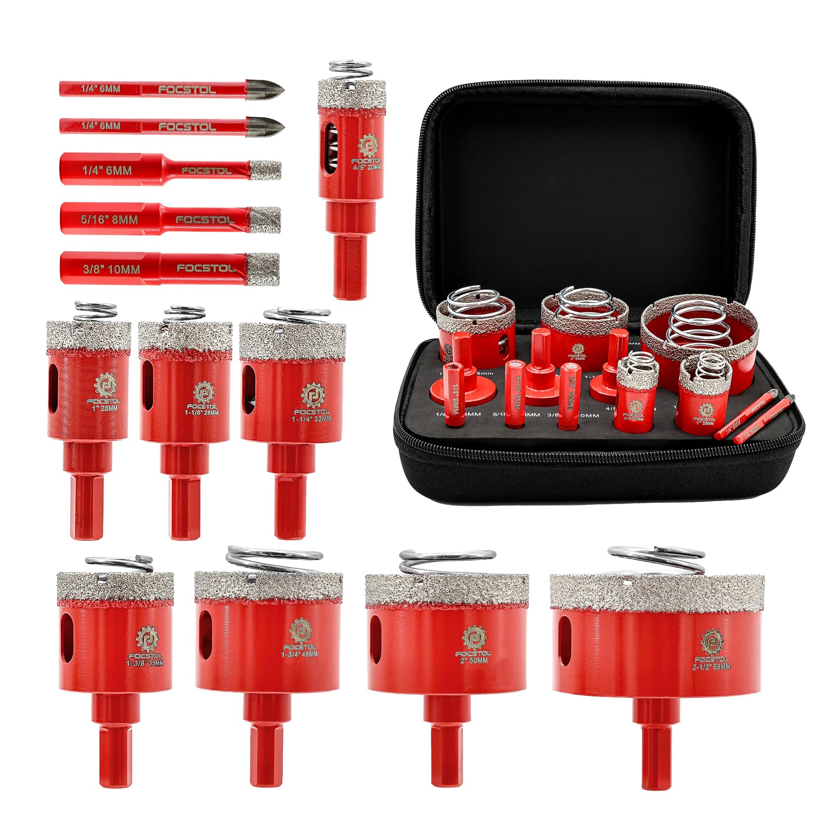 FOCSTOL Tile Hole Cutter Set - Diamond Hole Saw Set for Porcelain Ceramic Tile 13pcs (6/8/10/20/25/28/32/35/45/50/65mm+6/6mm Carbide Drill)