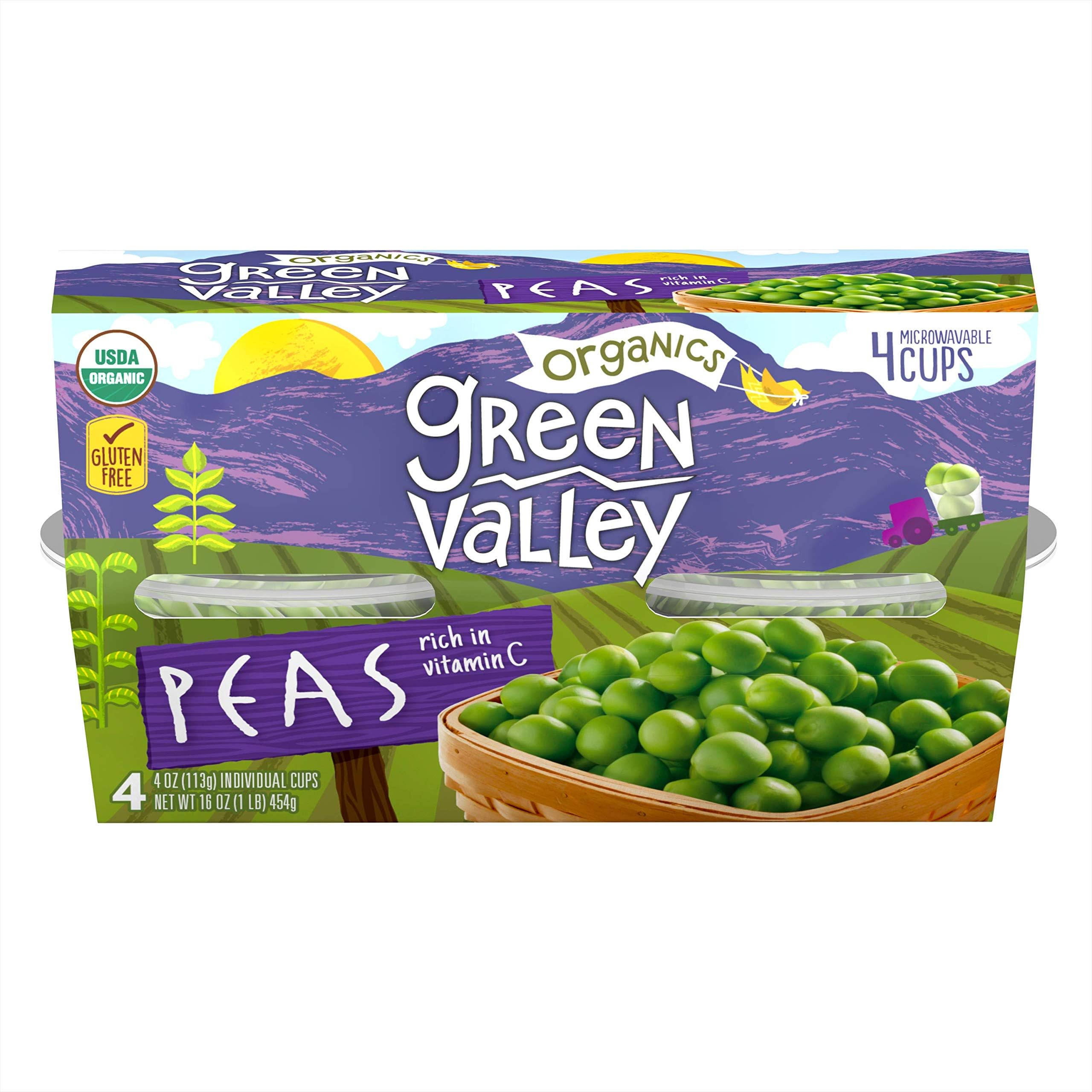 Green Valley Organics Peas | Certified Organic | Non-GMO Project Verified | Deliciously Succulent | Convenient Single-Serve Cups | Six 4-pack sleeves of 4.0 ounce cups (24 cups total)