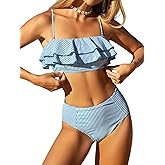 ZAFUL Layered Ruffle Bikini for Women High Waisted Bikini Sets Spaghetti Bandeau Swimsuits Padded Bathing Suit