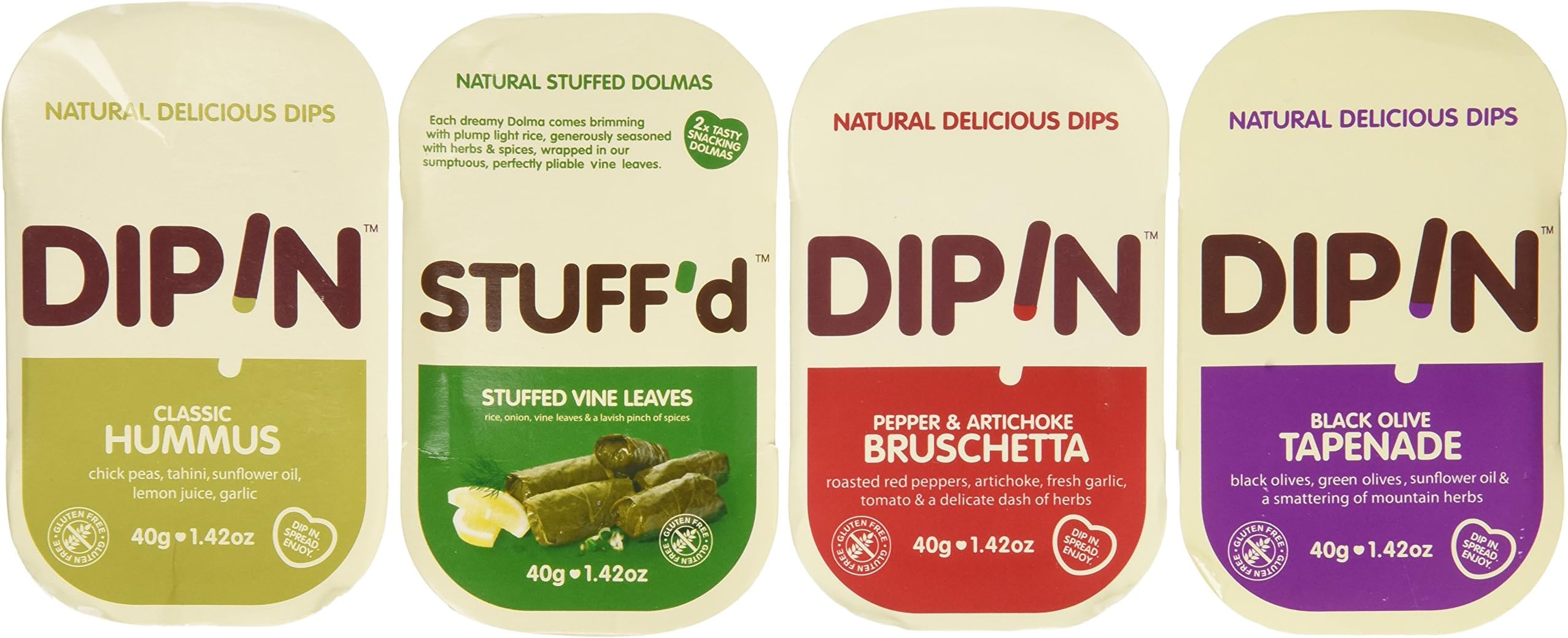 DipIn Natural Dips Variety (Pack of 12) 1.42 Ounce Hummus Olive Tapenade Bruschetta Stuffed Vine Leaves To Go