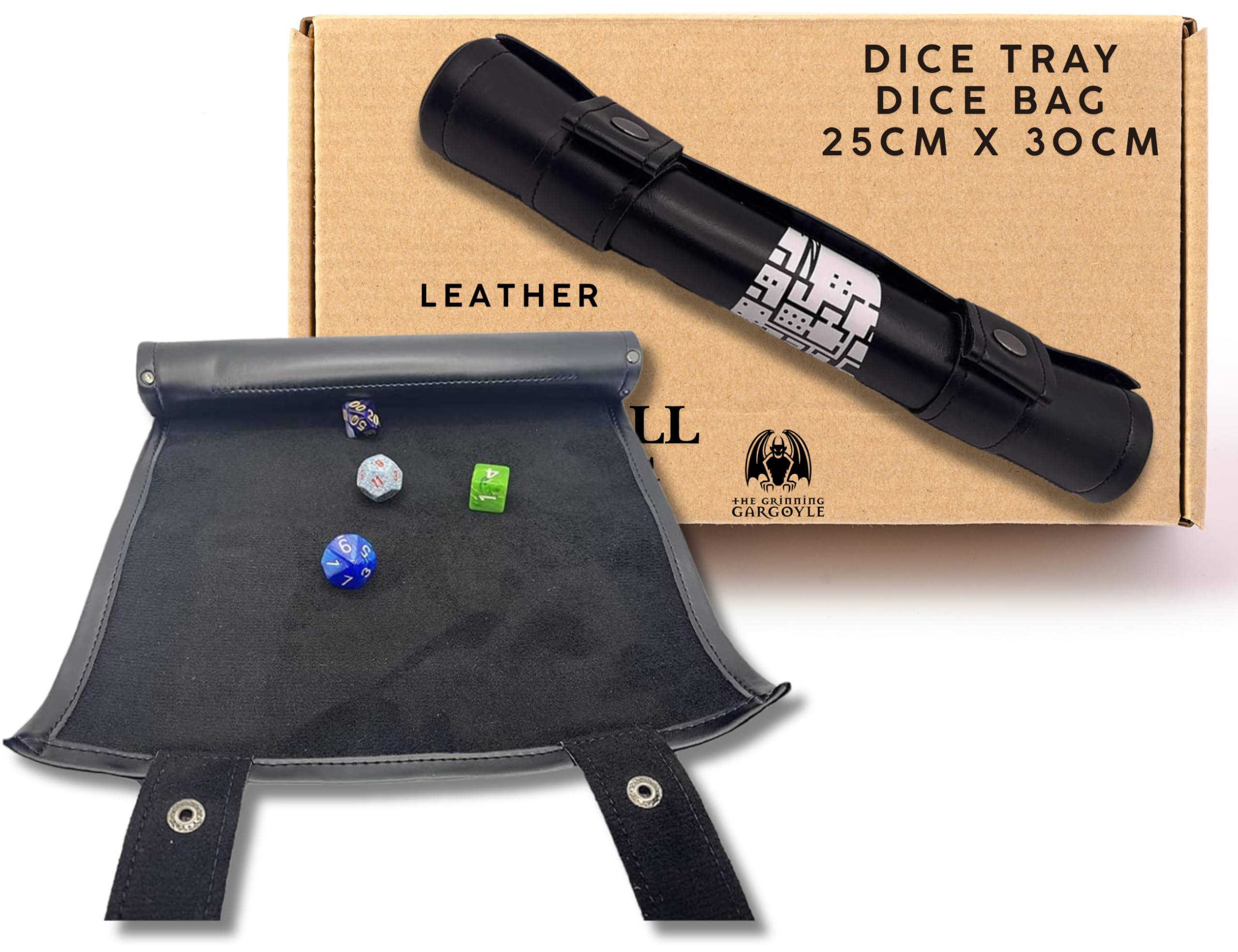 Grinning Gargoyle Portable Dice Mat - PU Leather Tray Holds 12 Dice - DnD RPG TTRPG MTG Scroll (Black)