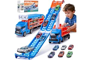 DADAPALS Race Track Truck Toys for 3 4 5 6 Years Old Kids - Carrier Truck Transport Car with 6 Die-Cast Cars Toys, 4-in-1 Truck with 2 Foldable Race Tracks, Christmas Birthday Gifts Toy for Toddler Boys, Blue