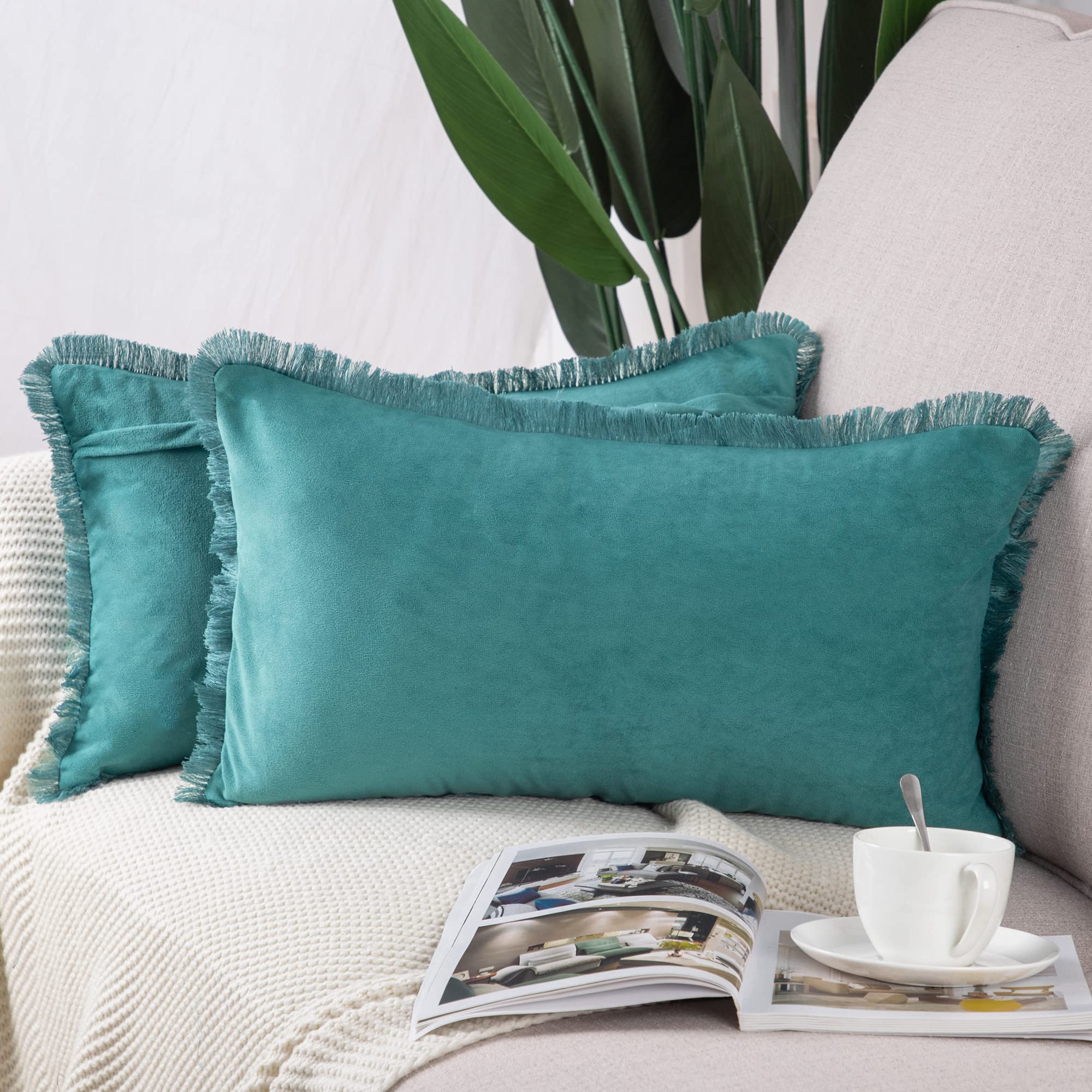 Madizz Set of 2 Suede Cushion Covers with Fringe Tassels 12x20 inch, 30x50 cm, Teal Soft Decorative Throw Pillow Cases for Sofa Bedroom Pillow Shell