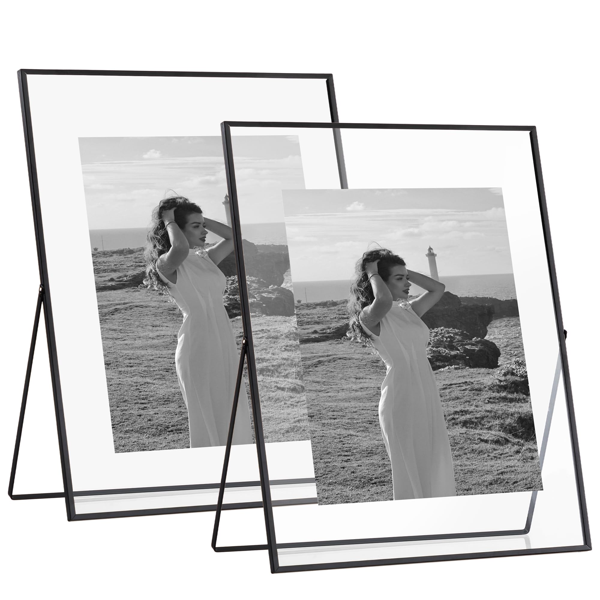 Photo 1 of eletecpro 11x14 Metal Picture Frame Set of 2 with Real Glass Cover, Horizontal Tabletop Display Photo for Multiple Size up to 11x14, Floating Photo Frame for Wedding, Party, Home Decor, Black