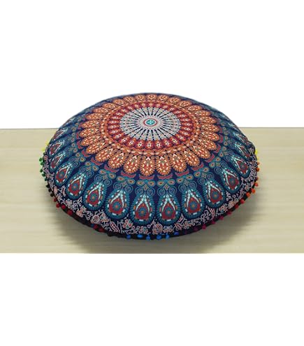 32 Inch Mandala Floor Pillow Cover - Bohemian Pouf Ottoman Case, Cotton, Pom Pom Lace - View #4