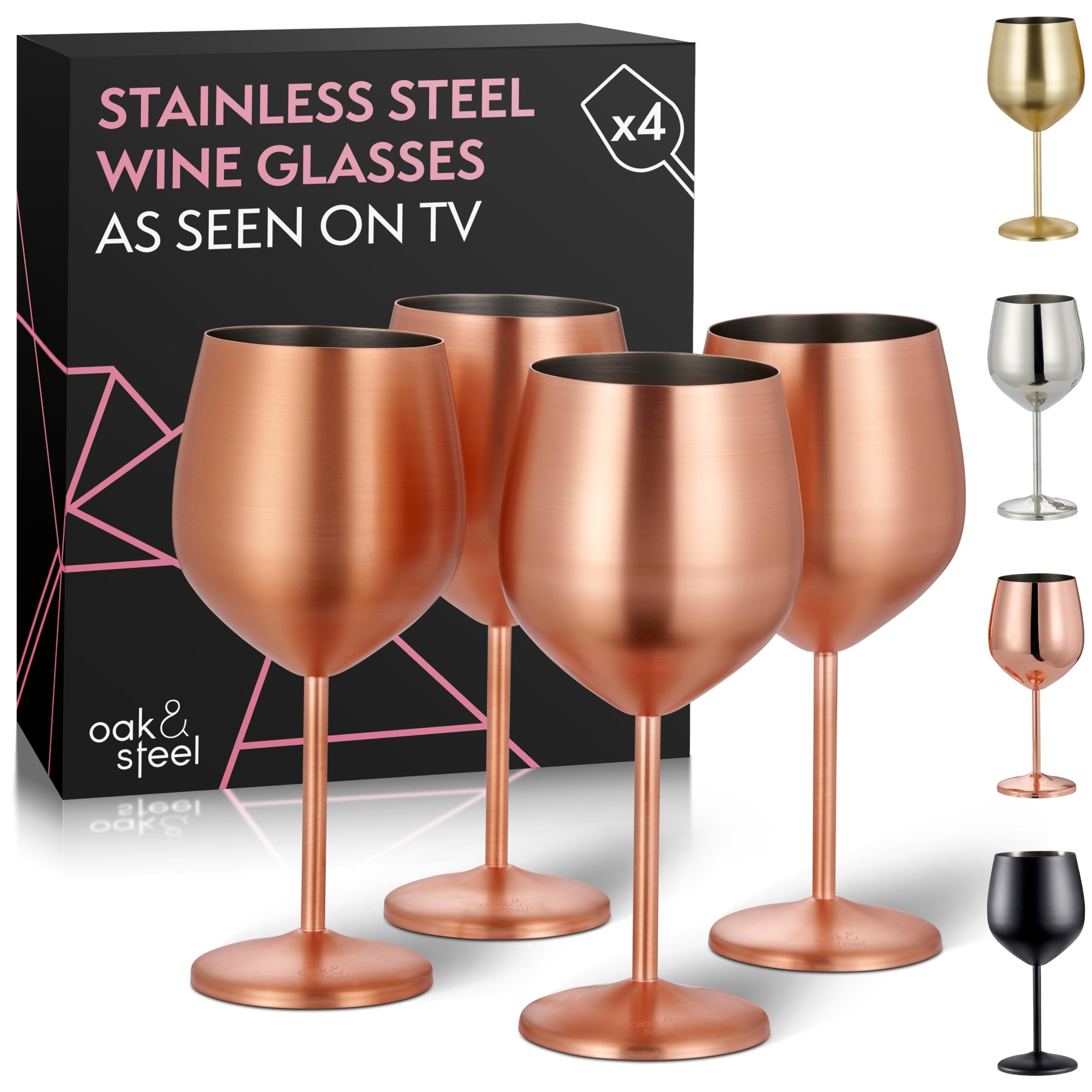 Oak & Steel - 4 Elegant Large Wine Glasses in Copper Rose Gold, 540ml - Unbreakable Glass Gift Set for Home Bar, Wedding, Anniversary, Birthday Party