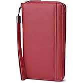 Travel Document Organizer RFID Blocking Leather Multiple Passport Wallet Family Holder Id Wrist Strap(Wine Red)