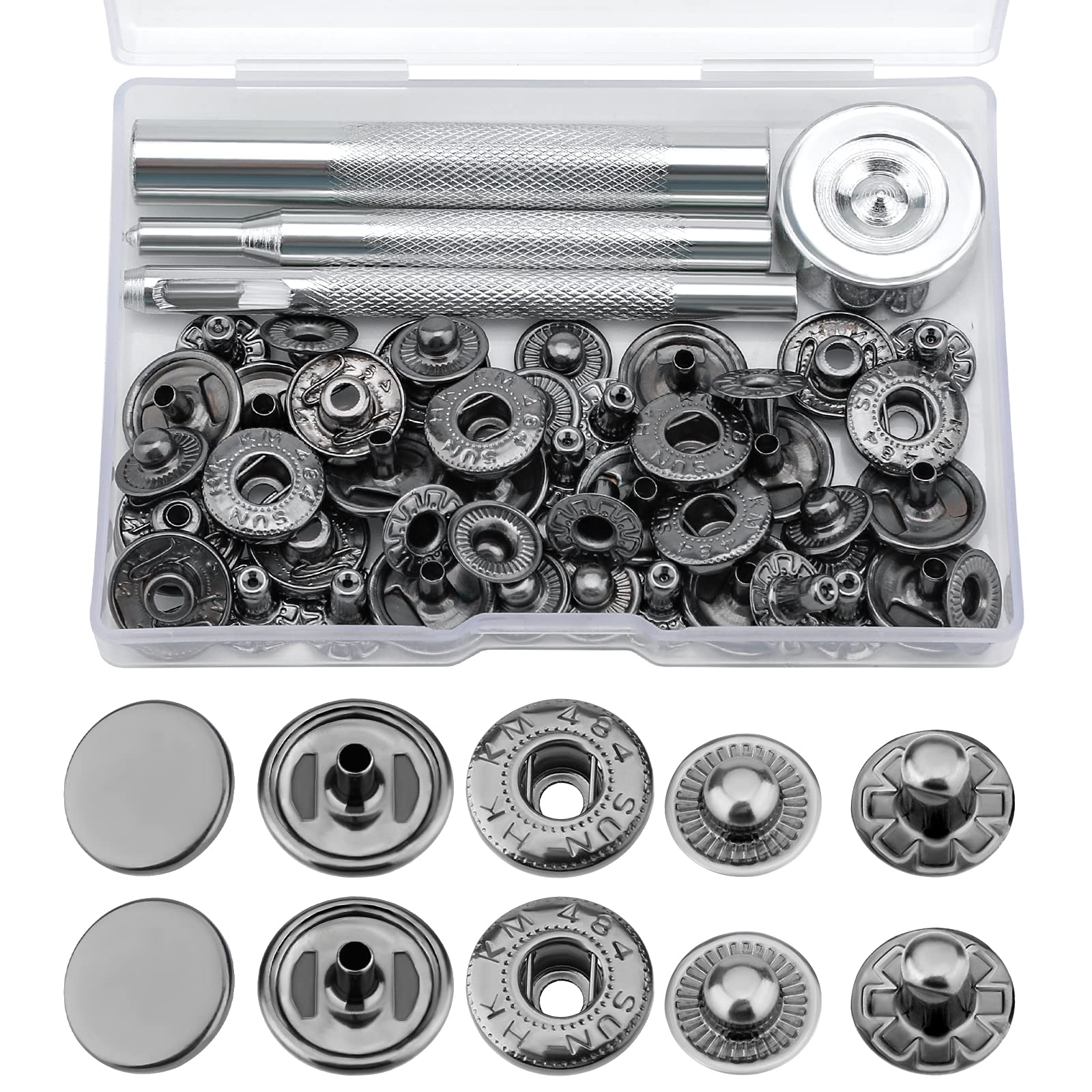 Photo 1 of Luter 12 Sets 15mm Snap Buttons Fastener Kit No Sew Removable Metal Heavy Duty Snap Buttons with 4 Metal Install Tools for Denim Clothing Jeans Pants Leather Bags Jackets (Black)
