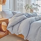 DuShow Grid Queen Duvet Cover Set - Blue Plaid Checkered Washed Microfiber Comforter Cover Set, 3 Pieces Soft Reversible Bedding Set(Blue,Queen)