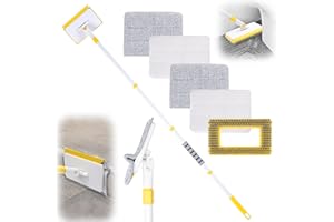 LIYFUHY Baseboard Cleaner Tool with Long Handle,Wall Cleaner Mop with Extendable Handle 1 Stiff Bristles mop Head and 4 Reusable Cleaning Pads，Duster for Cleaning Tile Ceiling Window Skirting Board