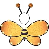 Spooktacular Creations 2 Pcs Black Yellow Bumble Bee Wings Costume Accessories, Light Up Bee Wings and Antenna Headband Set for Women, Girls, Halloween Cosplay Party Favors