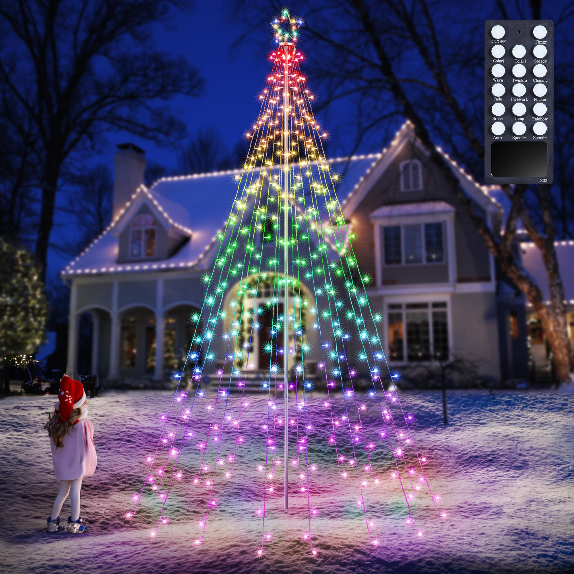 Photo 1 of Lomotech RGB Color Changing Christmas Tree Lights - 10Ft 404 LED with 7.08" Topper, Remote Controll Waterproof Iron Pole Waterfall Holiday Tree Lights for Outdoor Christmas Decorations