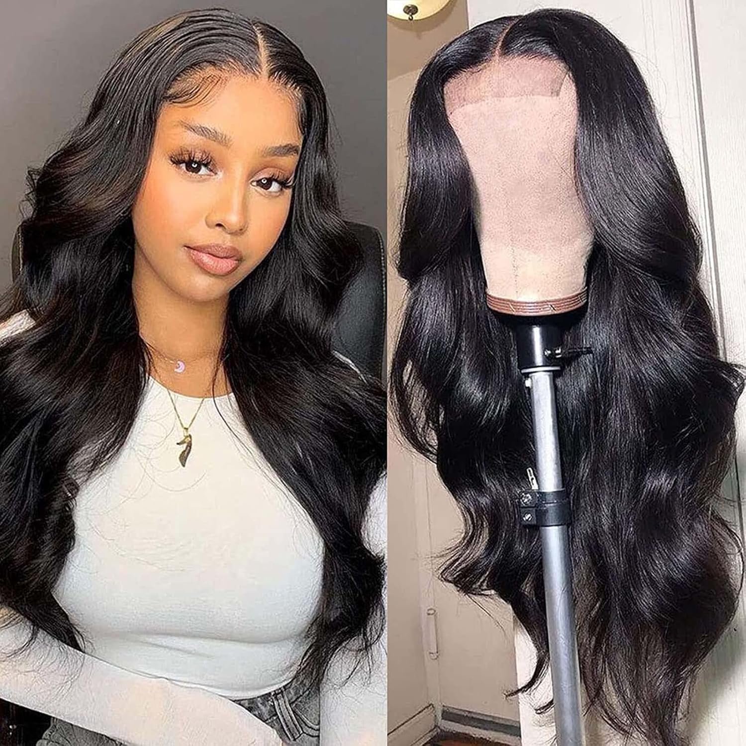 PORSMEER Long Body Wave Black Lace Front Wigs Realistic Wigs for women Daily Use,Natural Looking Synthetic Heat Resistant Hair Wig 150% High Density 24 inches