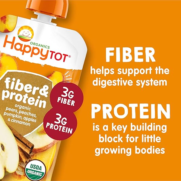 HAPPY TOT ORGANICS STAGE 4 BABY FOOD POUCHES, GLUTEN FREE, VEGAN SNACK, FIBER & PROTEIN FRUIT & VEGGIE PUREE, APPLES, PEACHES, PUMPKIN & CINNAMON, 4 OUNCE (PACK OF 1)