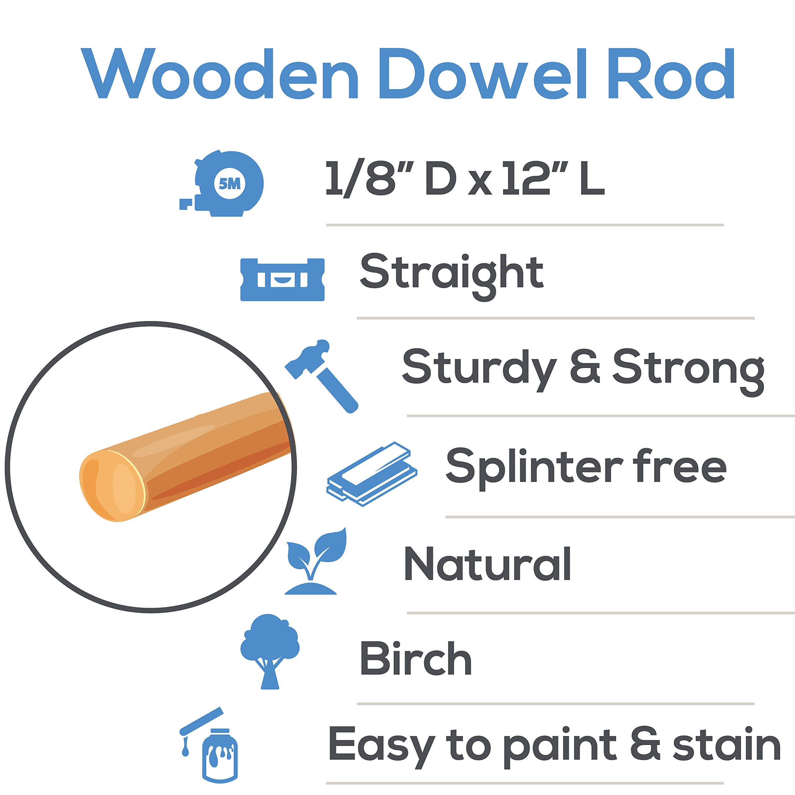 Wooden Dowel Rod, 1/8 Inch x 12 Inch Wood Dowels, Pack of 100 Wooden Dowels for Crafts, Unfinished Hardwood Wooden Dowels Rods, Strong Wood Rod Dowels for Crafting and DIYers