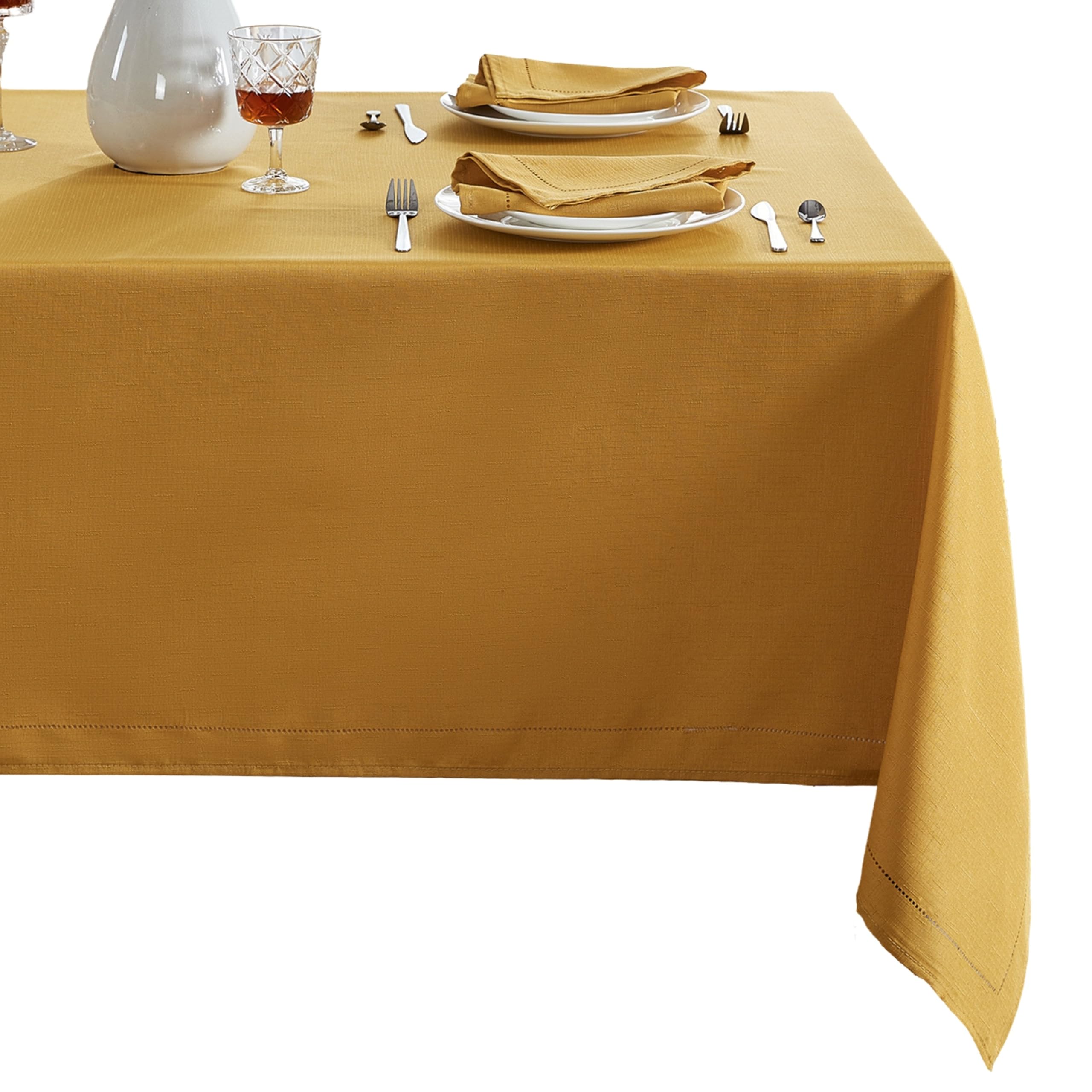 Elrene Home Fashions Alison Eyelet Border Design Fabric Tablecloth, 60"x84" Rectangle, Golden Yellow