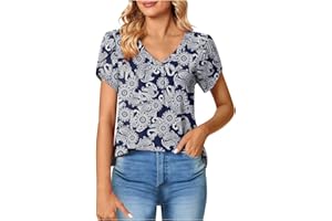 GENERIC Womens V Neck Tshirt Summer Floral Tops 2023 Casual Trendy Petal Short Sleeve Vneck T Shirts Cute Tees Dressy Elegant Blouses