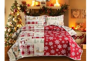 JESSY HOME Christmas Bedding Set Queen Size Christmas Quilt Bedspread Holiday Xmas Bedding Buffalo Plaid Patchwork Bedding Rustic Lodge Cabin Quilt Lightweight Reversible Coverlet Festival Home Decor