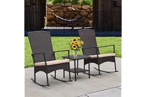 WAROOM Outdoor PE Wicker Porch Rocking Chair 3 Piece Patio Bistro Set Garden Conversation Furniture Brown Rattan with Glass Coffee Table, Khaki Cushion