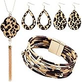 REDANHA 4 Pieces Leopard Jewelry Set Bohemia Earrings Bracelets Necklace Multilayer Leather Cuff Bracelet Long Tassel Leopard Print Pendant Necklace Teardrop Dangle Drop Earrings for Women