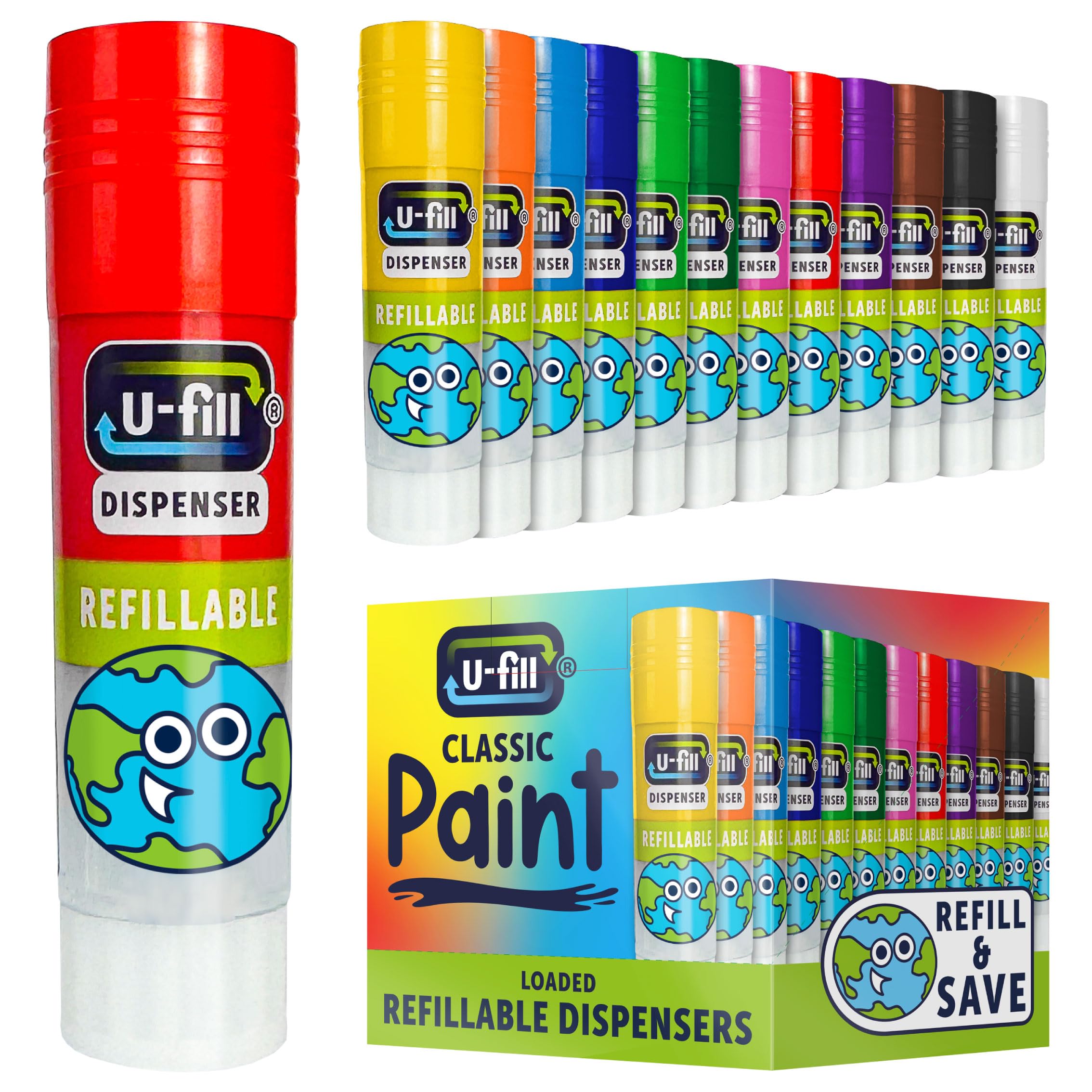 Classic Paint U-Fill Refillable Paint Sticks, Eco-Friendly, Child Safe & Non-Toxic Art Supplies for Kids, Mess-Free, Multi-Surface, 1 x 12 Colours x 21g