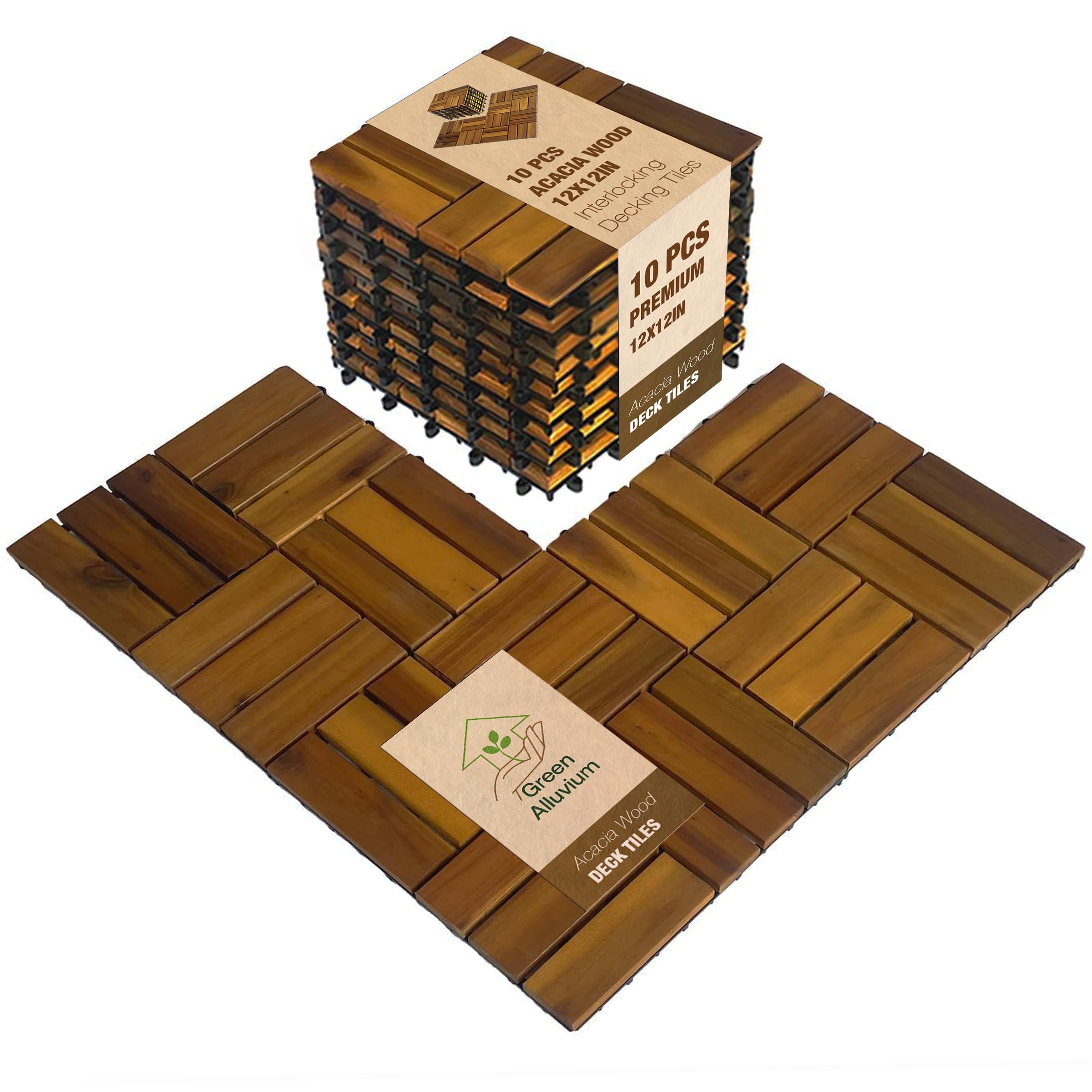 Photo 1 of 10 pcs Premium Acacia Wood Interlocking Decking Tiles – 12x12x0.9in Weatherproof Patio Flooring Outdoor – Interlocking Deck Tiles for Balcony, Backyar & Poolside, All-Weather Use (Golden Teak Finish)