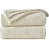 Longhui bedding Cream Knitted Throw Blanket for Couch, Soft, Cozy Machine Washable 100% Cotton Sofa Knit Blankets, Heavy 3.0lb Weight, 51 x 63 Inches, Beige Color