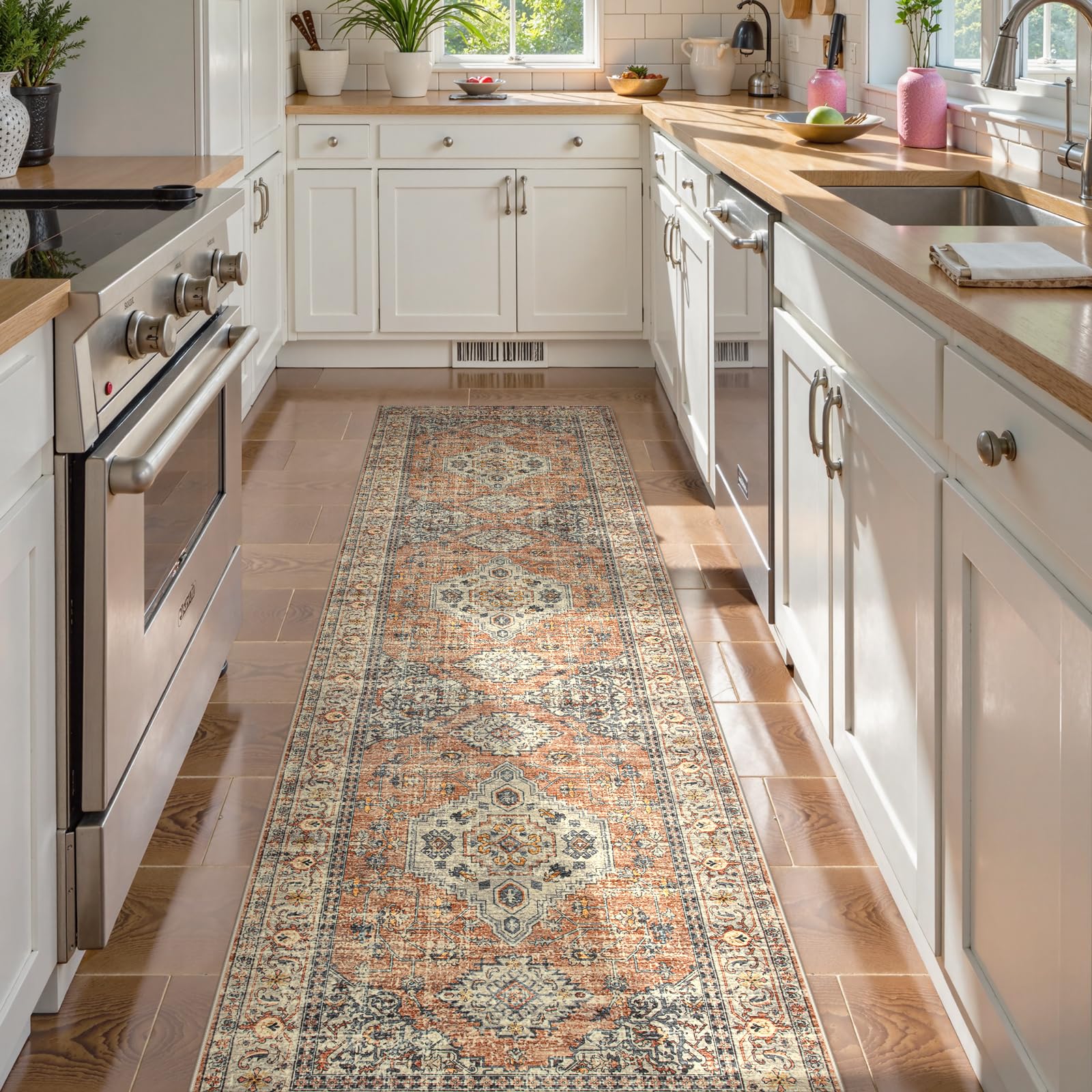 Photo 1 of Lahome Oriental Kitchen Runners for Hallways, 2.5x10 Washable Runner Rug Non Slip, Soft Hallway Rug Distressed Ultra-Thin Long Carpet for Bathroom Entryway ?Bedroom, Peach/Orange