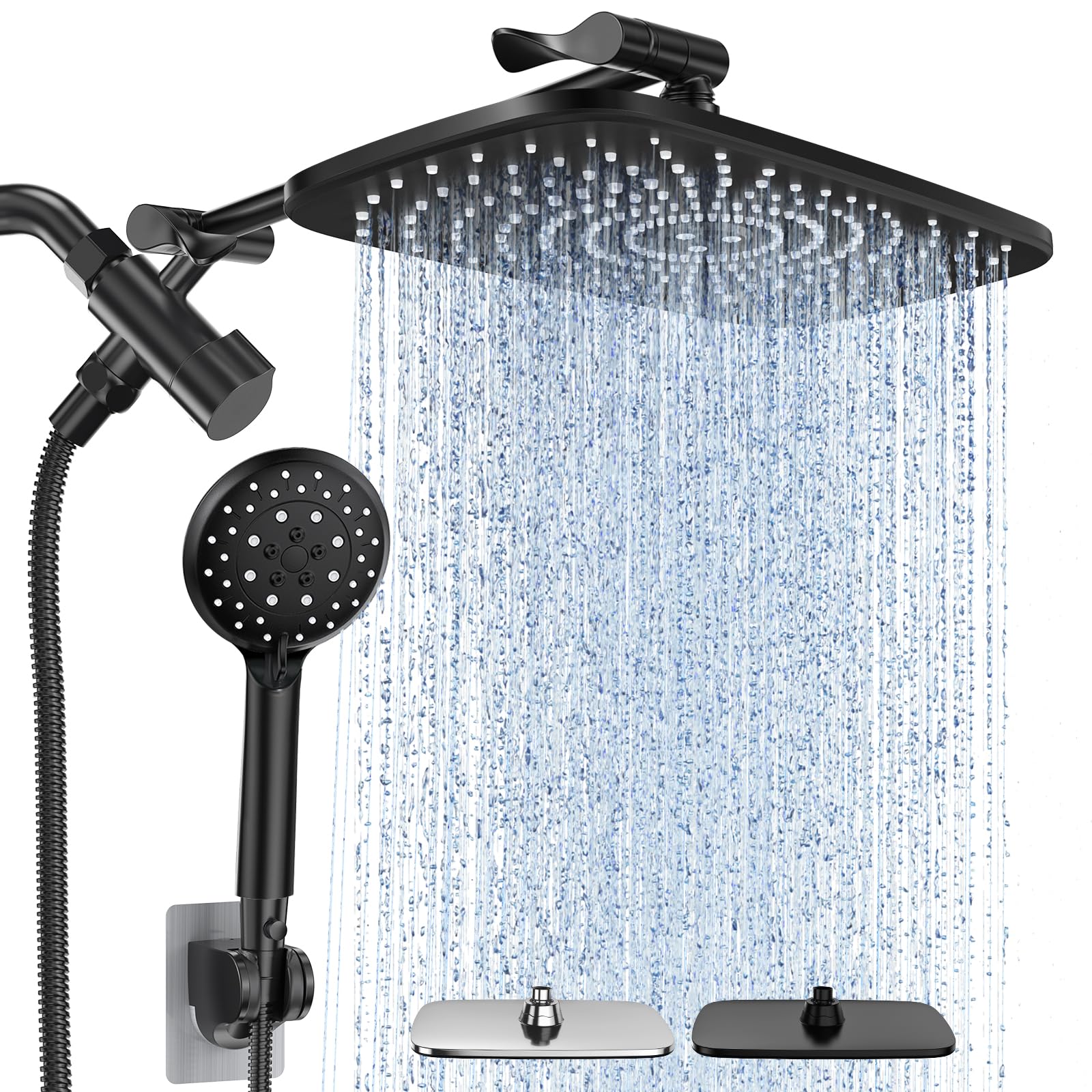 Photo 1 of Veken High Pressure Rain Shower Head Combo with Extension Arm- Wide Showerhead with 6 Handheld Water Spray - Adjustable Dual Shower with Anti-Clog Nozzles - Matte Black