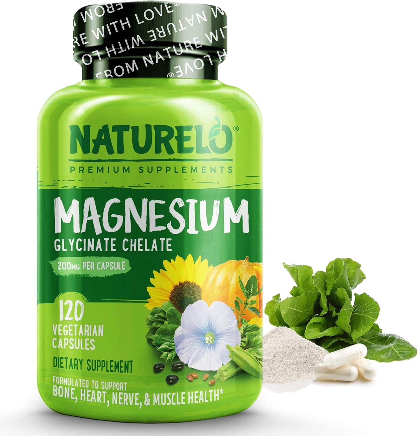 NATURELO Magnesium Glycinate Supplement - 200 mg Natural Glycinate Chelate with Organic Vegetables - Best for Sleep, Calm, Anxiety, Muscle Cramp & Stress Relief – Gluten Free, Non GMO - 120 Capsules: Health & Personal Care