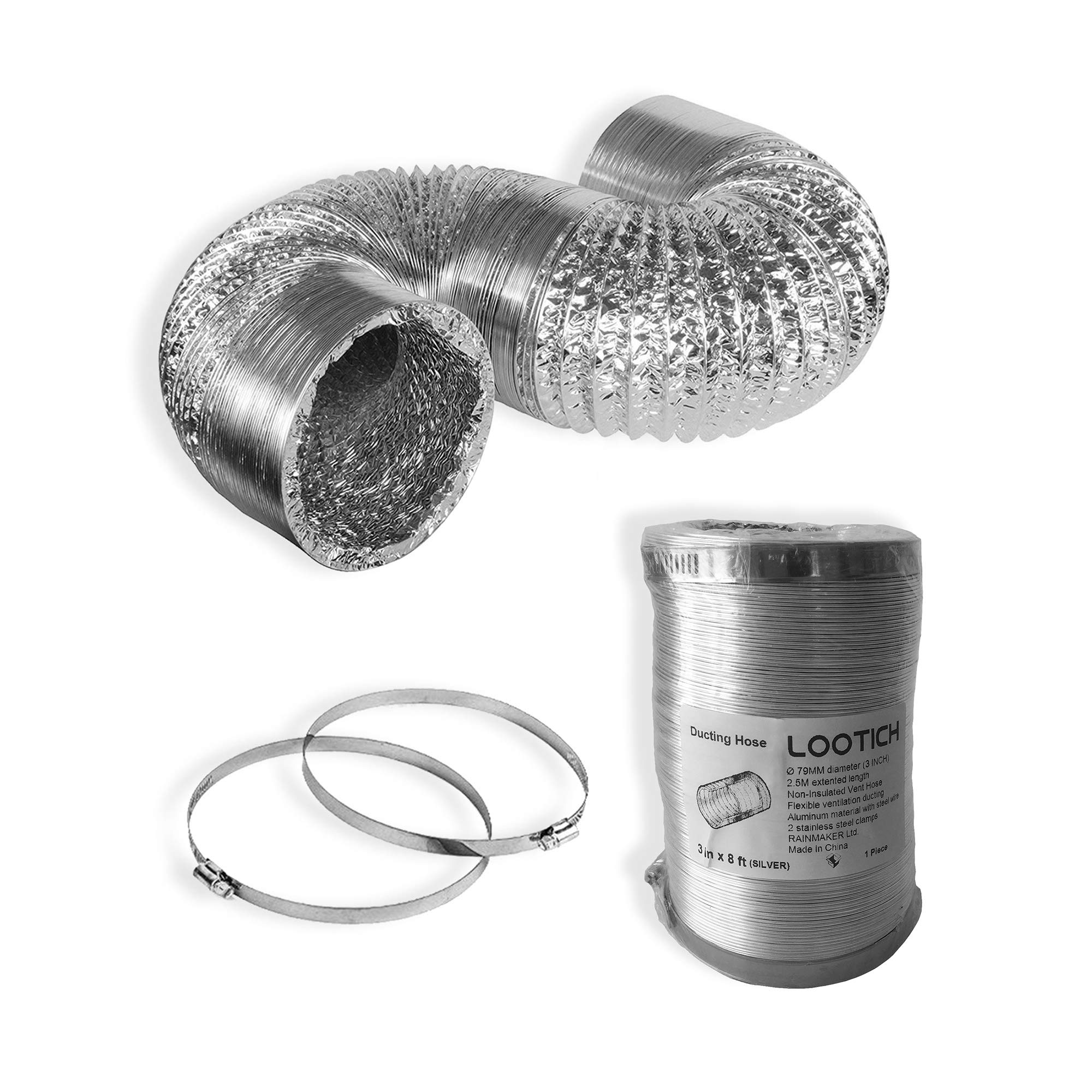 LOOTICH Sturdy 3 Inch 8 Feet Non-Insulated Flex Air Aluminum Ducting Vent Hose for HVAC Ventilation 2 Stainless Steel Clamps Included