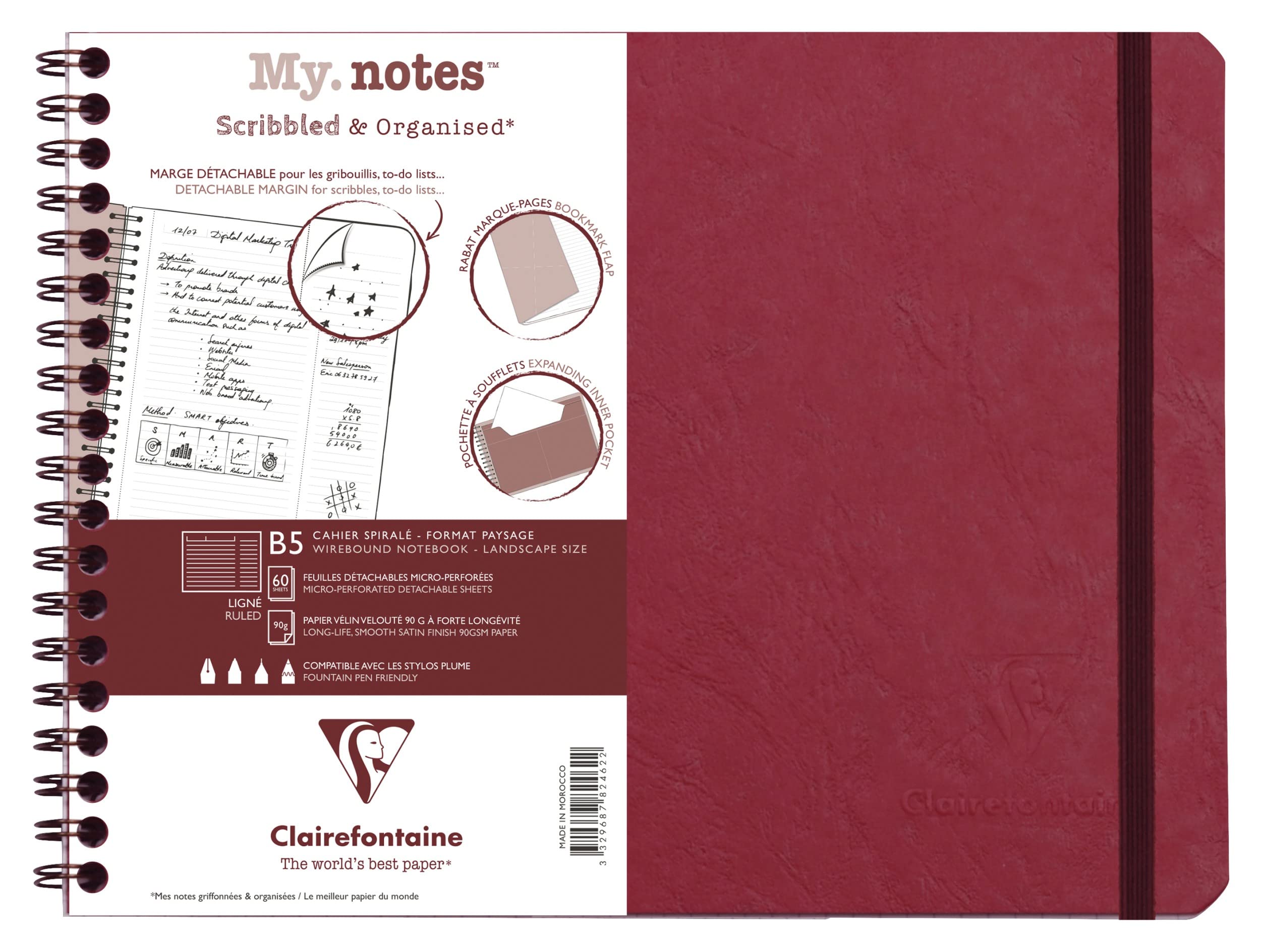 Clairefontaine 782462C Age Bag MyNotes Red Spiral Notebook w/ Margins - B5 25x19cm - 120 Ruled Detachable Pages - 90gsm White Paper - Grain Leather Card Cover