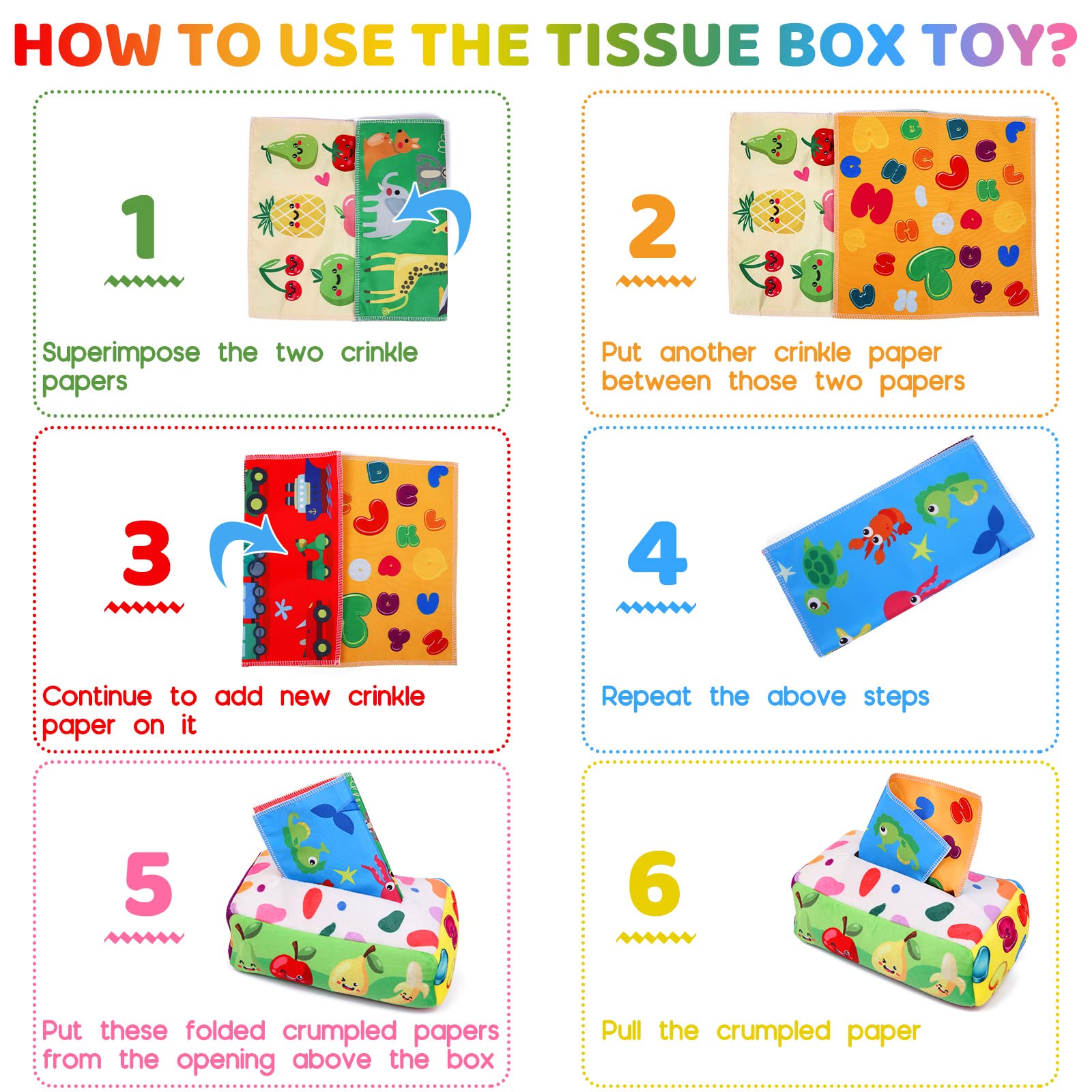 Baby Toys 6 to 12 Months - Tissue Box Toy Montessori for Babies 6-12 Months, Soft Stuffed High Contrast Crinkle Infant Sensory Toys, Boys&Girls Kids Early Learning Gifts