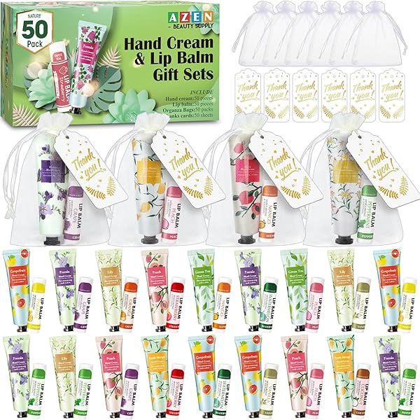 AZEN 24 Sets Bulk Gift, Hand Cream and Lip Balm Bulk Set with