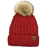 C.C Beanie Women’s Thick Cable Knit Faux Fuzzy Fur Pom Lattice Crossover Fuzzy Lined Skull Cap Cuff Beanie