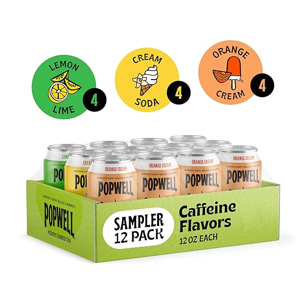 POPWELL CAFFEINATED VARIETY PACK BETTER-FOR-YOU PREBIOTIC SODA, WITH 6G FIBER, 1G SUGAR, VITAMINS AND IMMUNITY SUPPORT, 12 FL OZ, 12 COUNT (ORANGE CREAM, LEMON LIME, CREAM SODA)
