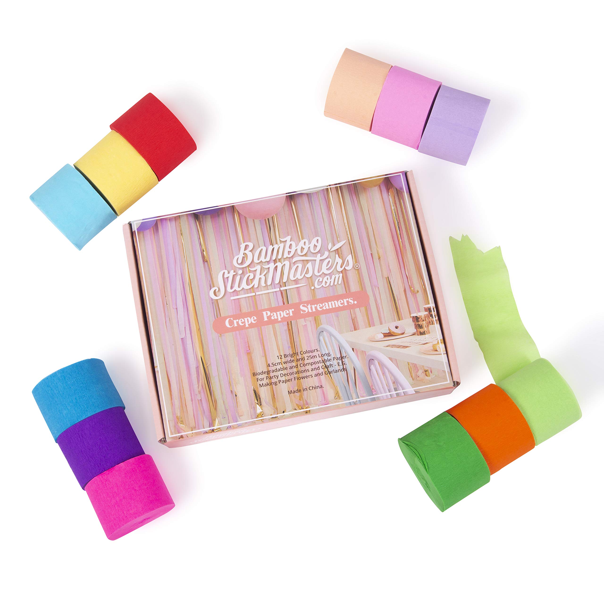 BSM Crepe Party Streamers | 12 Colourful Paper Streamers for Crafts & Party Decorations | Streamers Party Decorations for Weddings, Baby Showers, Graduation & DIY Birthday Décor | 4.5cm x 25m