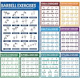 9Pcs Exercise Poster Set Workout Chart Posters Dumbbell Kettlebell Yoga Stretching Pilates Resistance Bands Stability Ball Body Weight Dumbbell Physical Educational Fitness Decoration for Home Gym