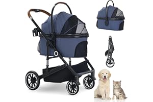 TODEFULL Pet Stroller with 4 Wheels, 3 in 1 Folding Puppy Strollers for Small/Medium Dogs Cats up to 50lbs, Lightweight Pet Travel Carrier with Detachable Cushion, Storage Basket and Cup Holder, Blue