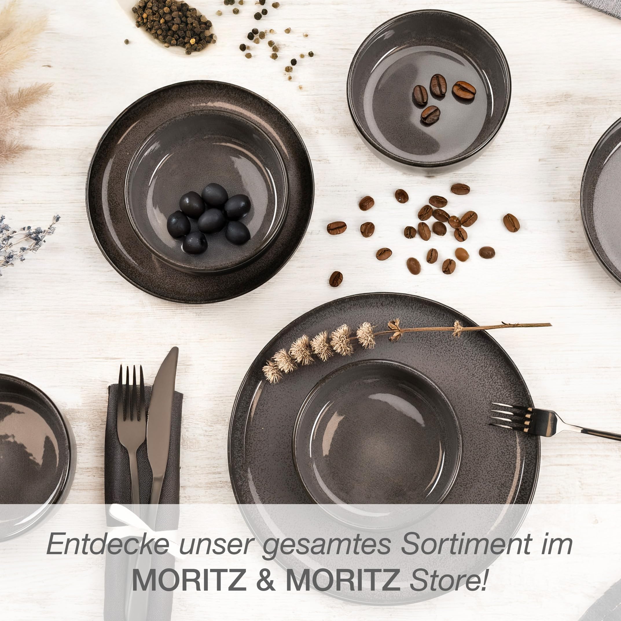Moritz & Moritz VIDA Geschirrset 6 Personen Anthrazit 18-tlg. - Modernes Porzellan Geschirr Set - Kratz-, Mikrowellen- & Spülmaschinenfest, Essgeschirr, Tafelservice, Kombiservice 6 Personen 8