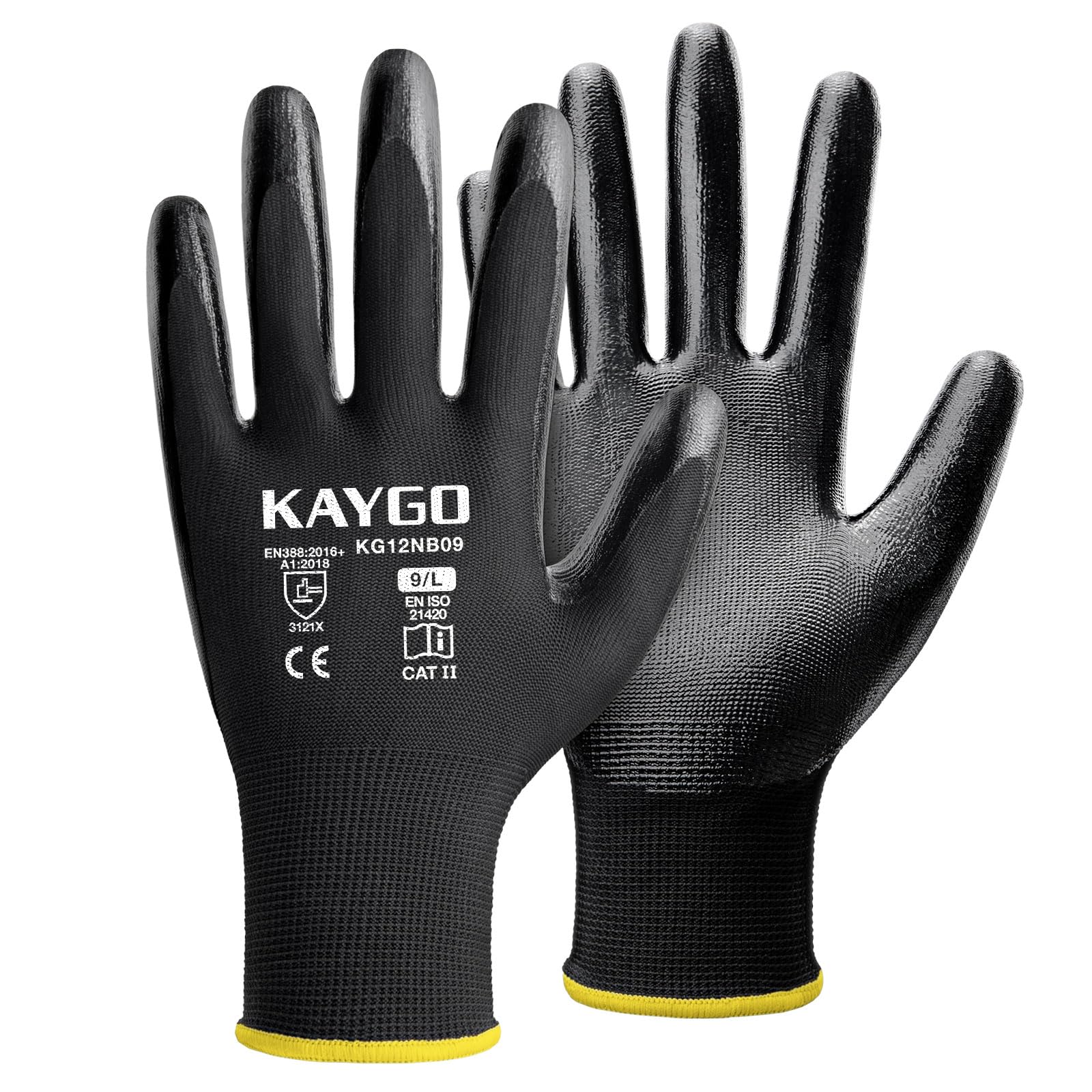 KAYGO Safety Work Gloves Nitrile Coated, Good Grip and Dexterity, 12 Pairs General Purpose Durable Working Gloves for Men and Women, Ideal for Construction Warehouse Automotive DIY, KG12N (Black, L) — image 1