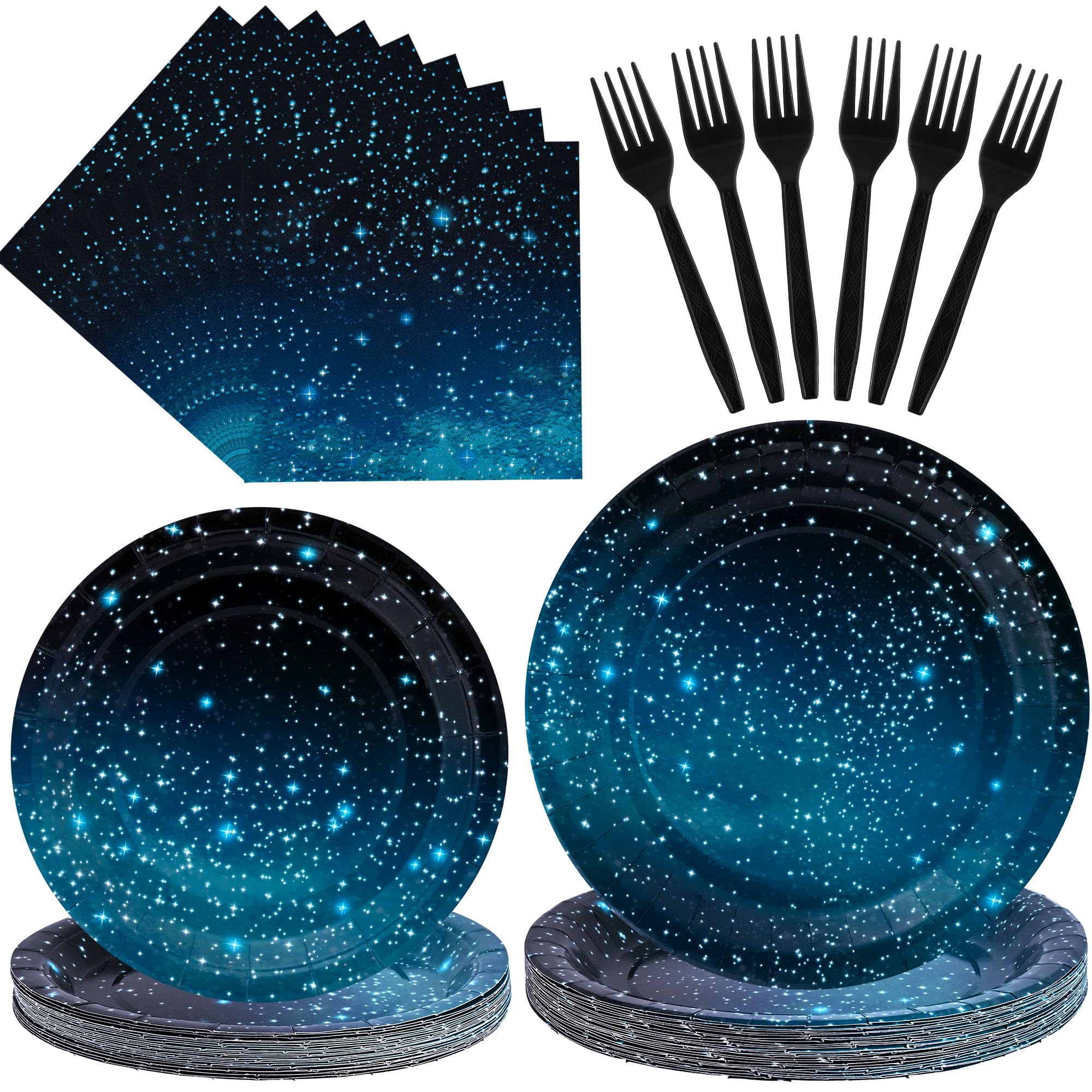CANREVEL 96 PCS Space Party Plates Serve 24, Star Plates and Napkins Forks Set, Disposable Tableware for Galaxy Birthday Party Supplies Decorations for Boys Kids Men Adult