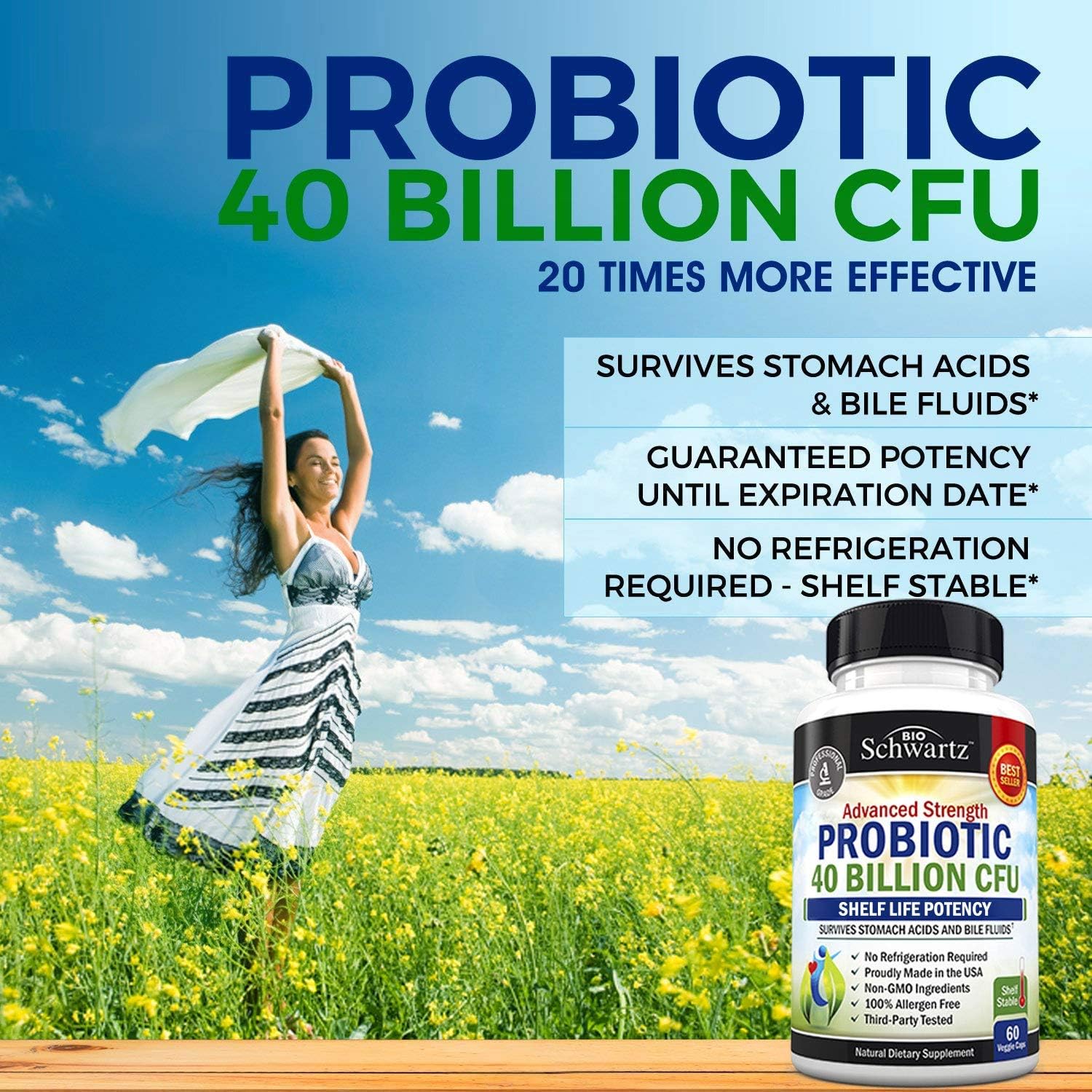 Probiotic 40 Billion CFU - Dr. Approved Probiotics for Women & Men - Guaranteed Potency Until Expiration - Patented Delay Release, Shelf Stable, Gluten & Dairy Free - Lactobacillus Acidophilus - 60ct: Health & Personal Care