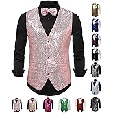 Baestappy Men's Shiny Sequins V-Neck Dress Vest with Bowtie & Brooch - Formal & Semi - Formal Prom Party Tuxedo